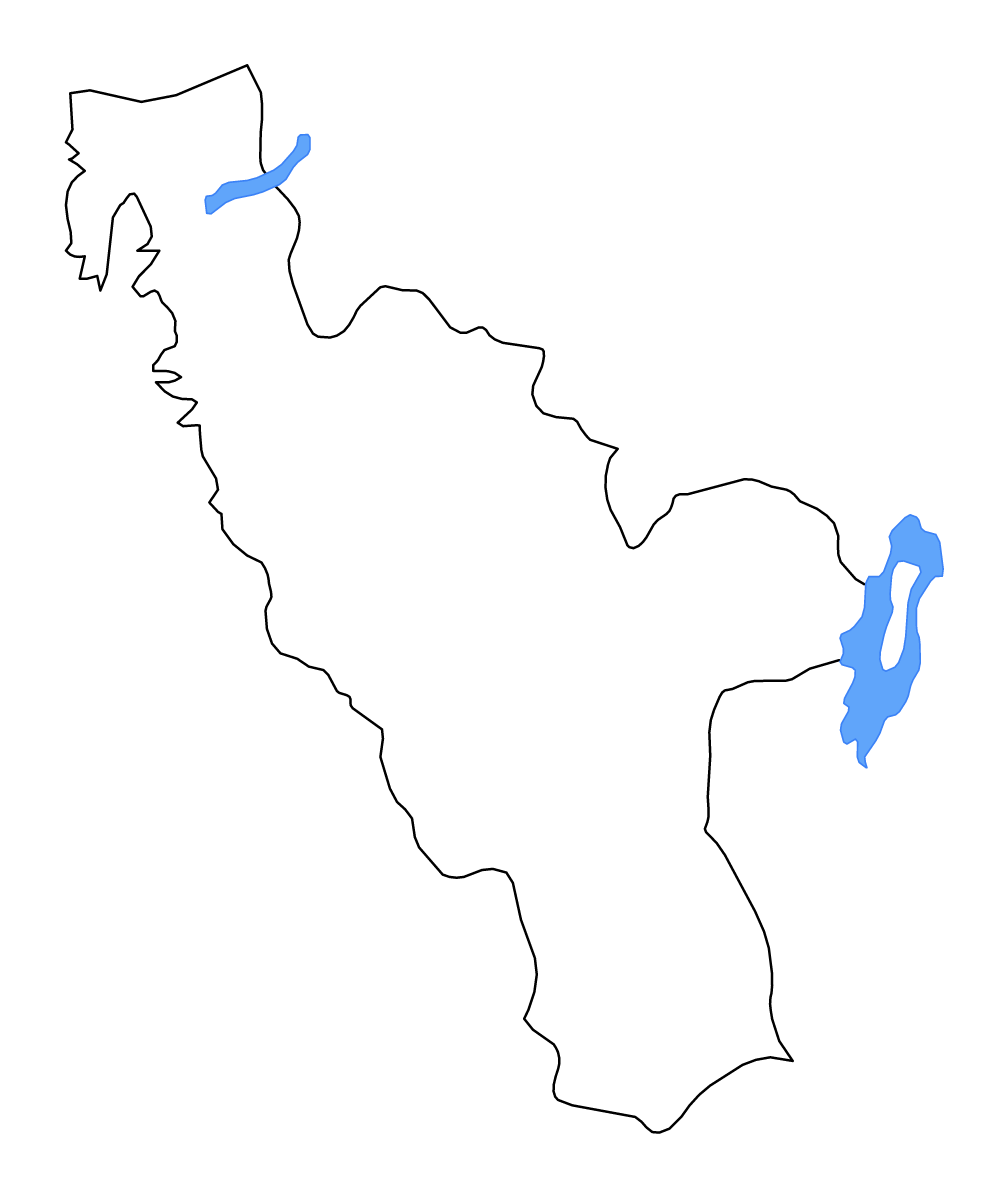 Outline map of Halland County, Sweden with lakes and rivers.