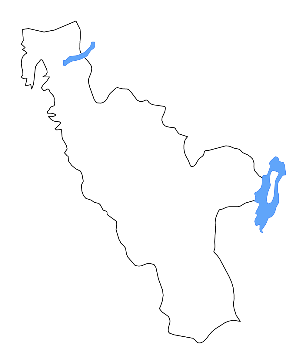 Outline map of Halland County, Sweden with lakes and rivers.