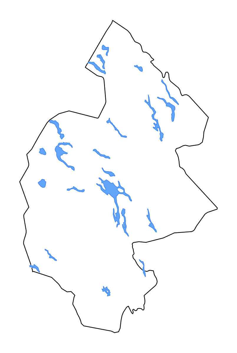 Outline map of Jämtland County, Sweden with lakes and rivers.