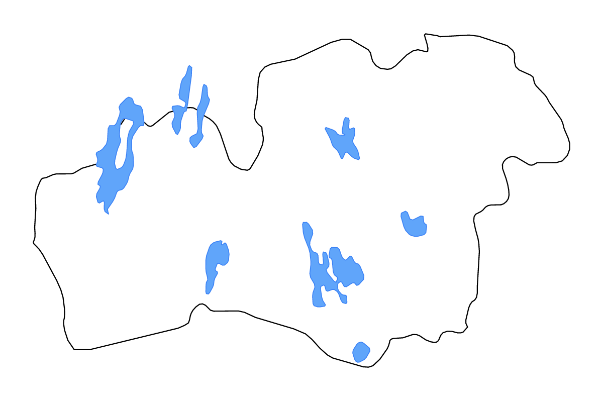 Outline map of Kronoberg County, Sweden with lakes and rivers.