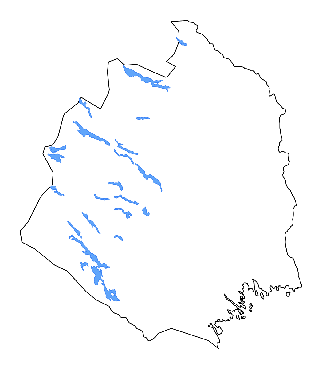 Mapa de contorno de Norrbotten, Sweden con lagos y ríos.