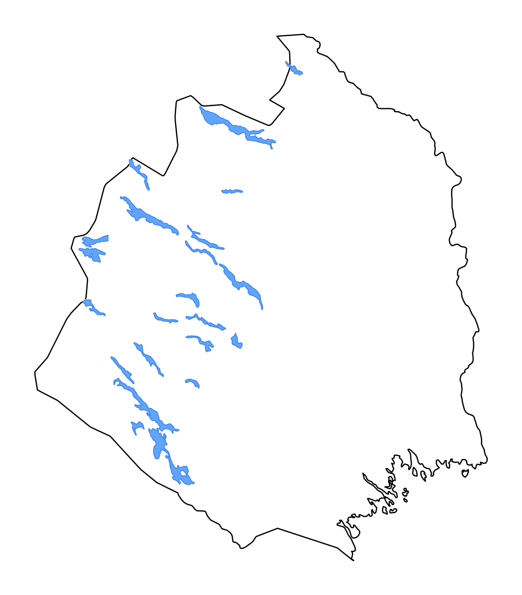 Outline map of Norrbotten County, Sweden with lakes and rivers.