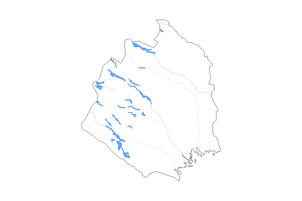 Mapa de Norrbotten, Sweden de tipo contorno, lagos y ríos para Europa, con contorno, lagos y ríos con elementos de agua como Langas, Ajsjávrre y Hornavan.