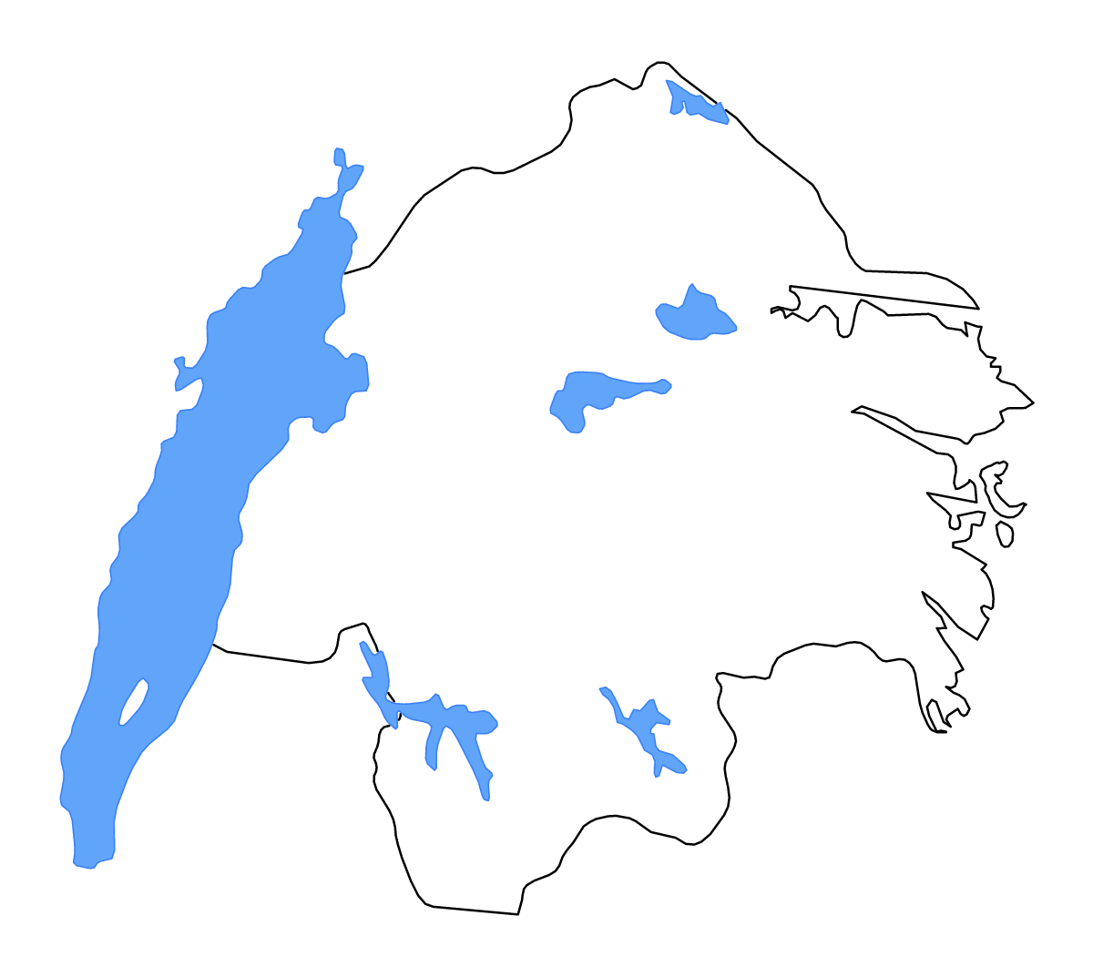 Mapa de contorno de Östergötland, Sweden con lagos y ríos.