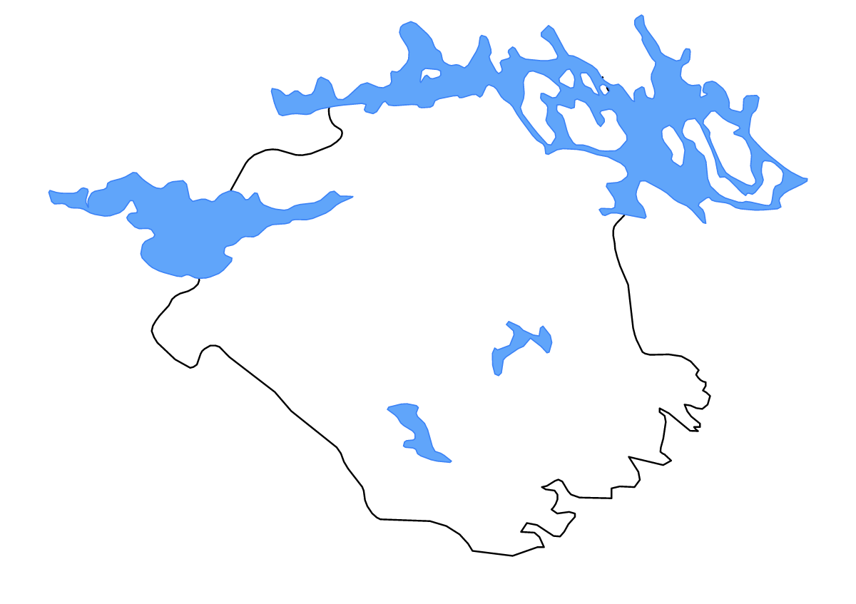Outline map of Södermanland County, Sweden with lakes and rivers.
