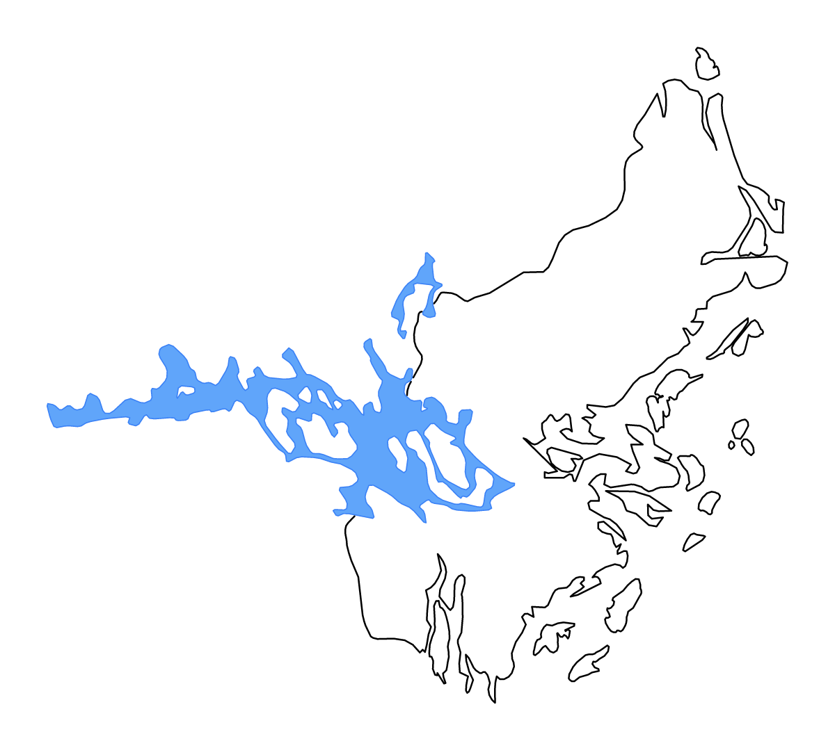 Outline map of Stockholm County, Sweden with lakes and rivers.