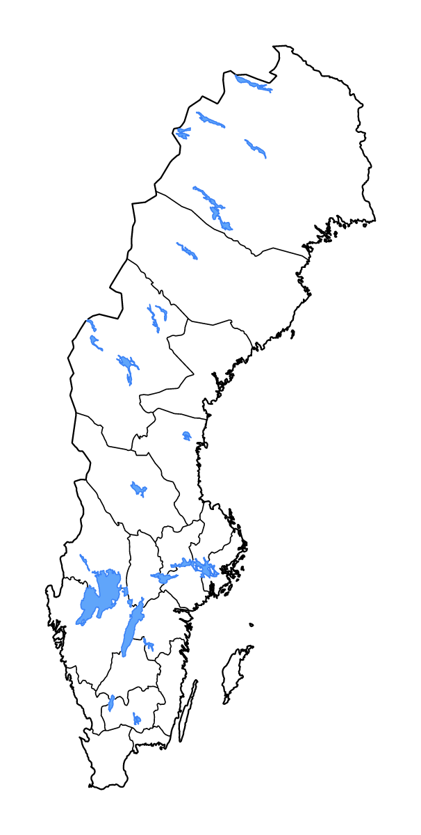 Mapa de contorno de Sweden con límites administrativos internos, lagos y ríos.