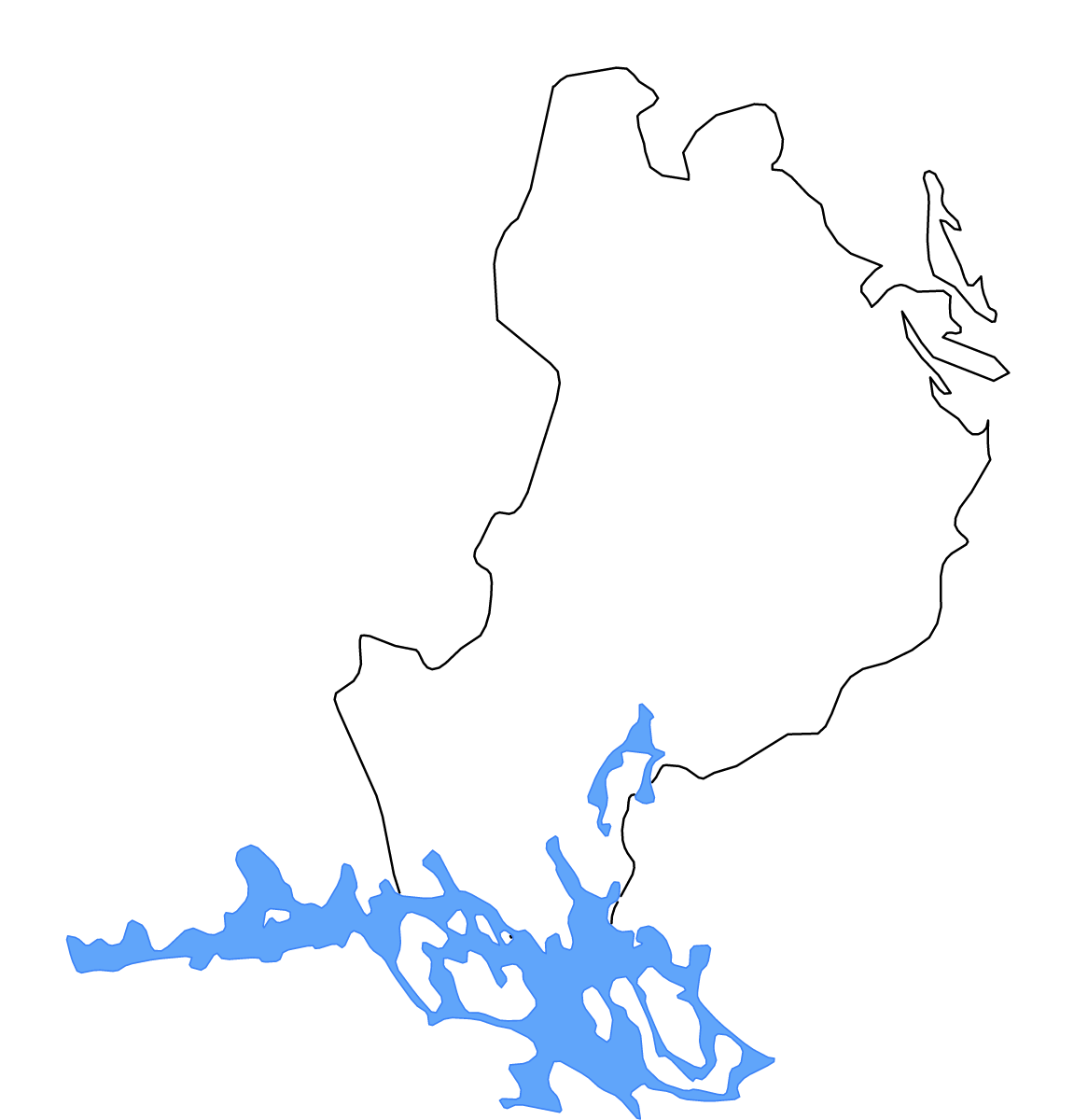 Outline map of Uppsala County, Sweden with lakes and rivers.