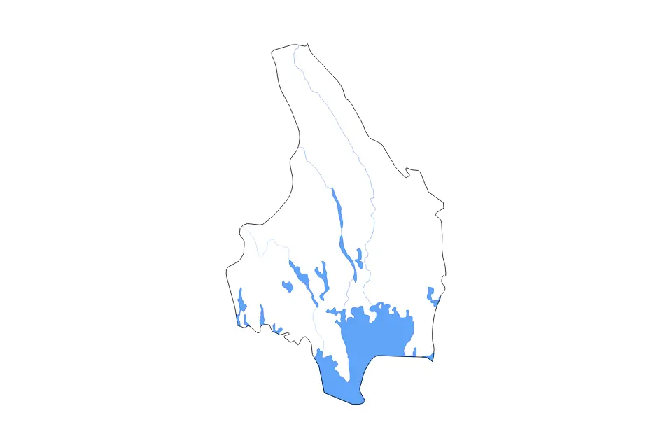 Outline map of Värmland County, Sweden with subdivision borders and major lakes and rivers.