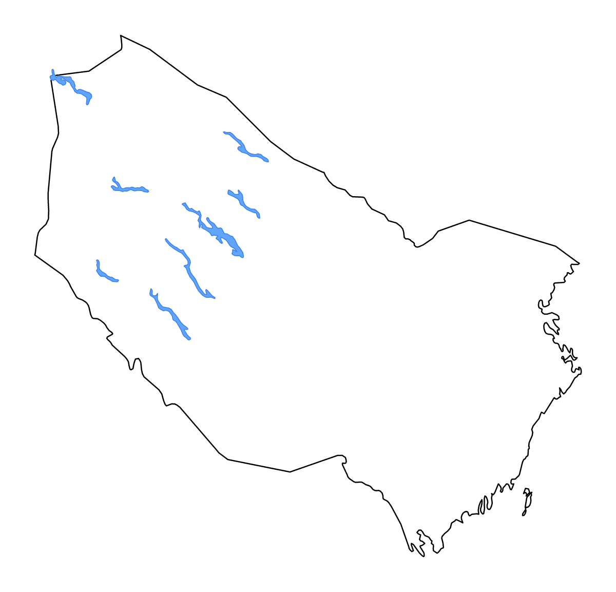 Mapa de contorno de Västerbotten, Sweden con lagos y ríos.