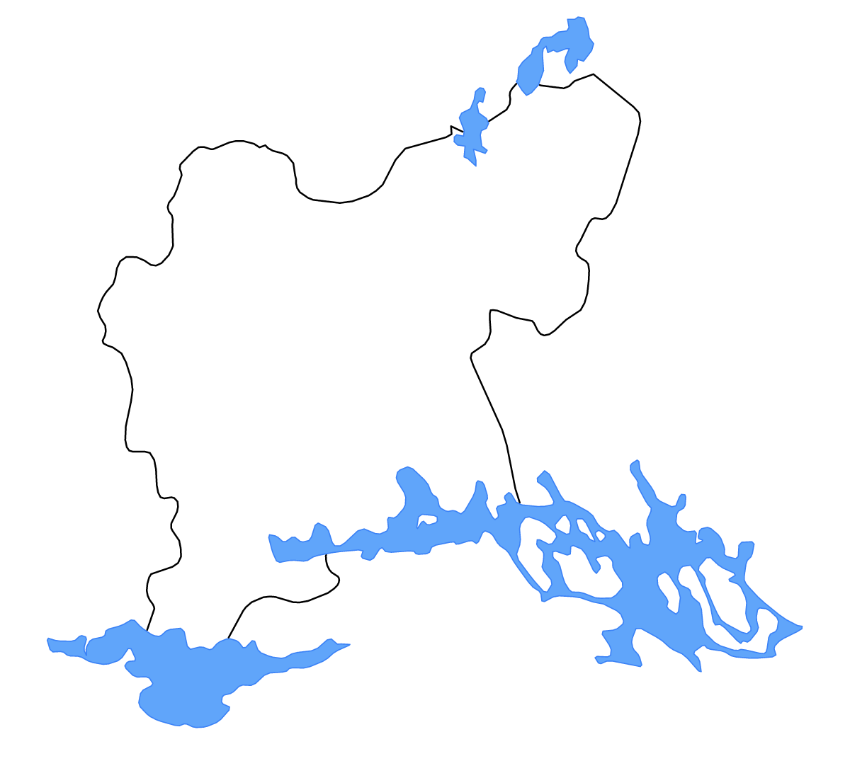 Outline map of Västmanland County, Sweden with lakes and rivers.
