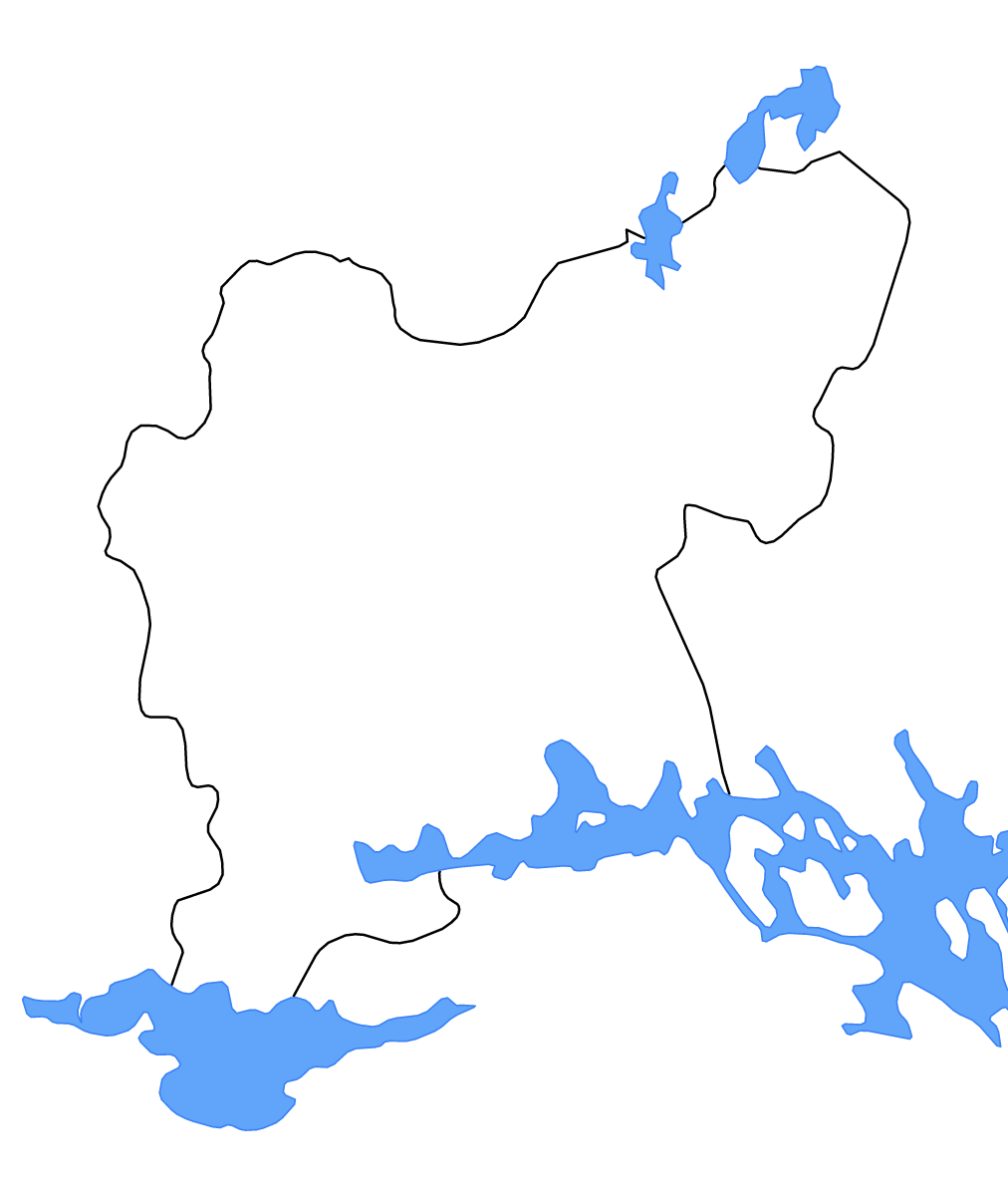 Mapa de contorno de Västmanland, Sweden con lagos y ríos.