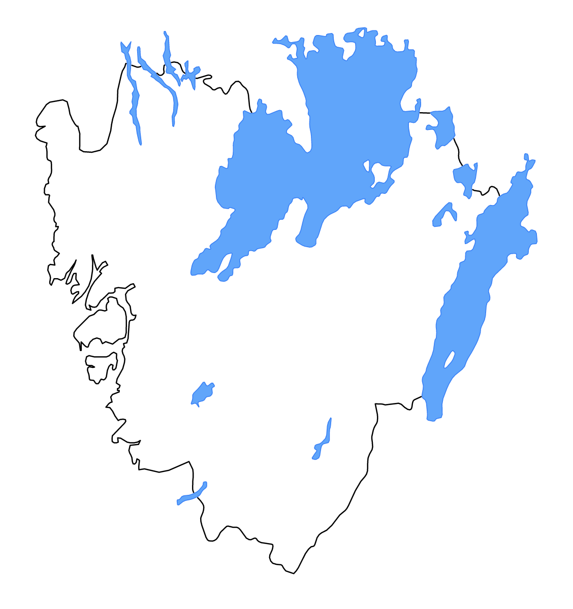 Outline map of Västra Götaland County, Sweden with lakes and rivers.