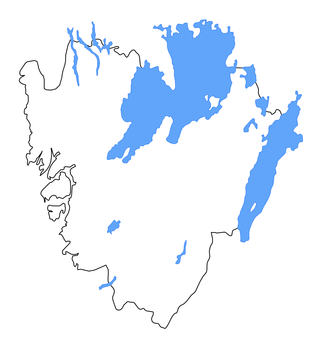 Mapa de contorno de Västra Götaland, Sweden con lagos y ríos.