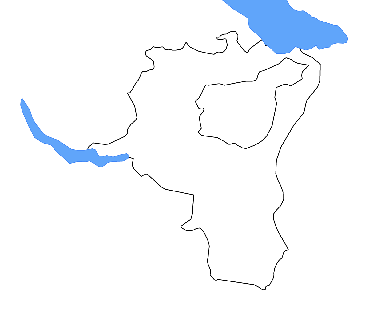 Outline map of St. Gallen Canton, Switzerland with lakes and rivers.