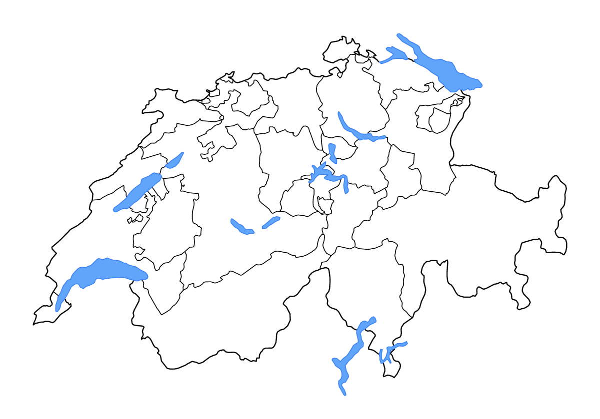 Mapa de contorno de Switzerland con límites administrativos internos, lagos y ríos.