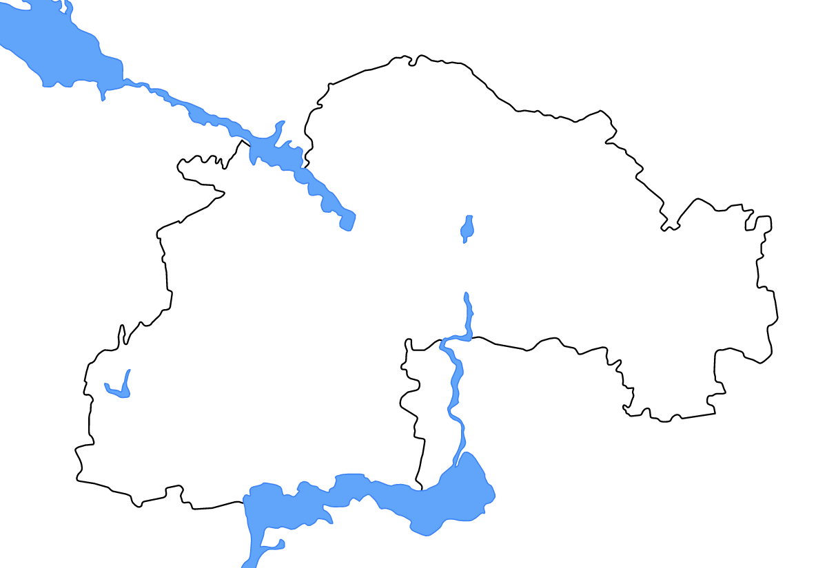 Outline map of Dnipropetrovsk, Ukraine with lakes and rivers.