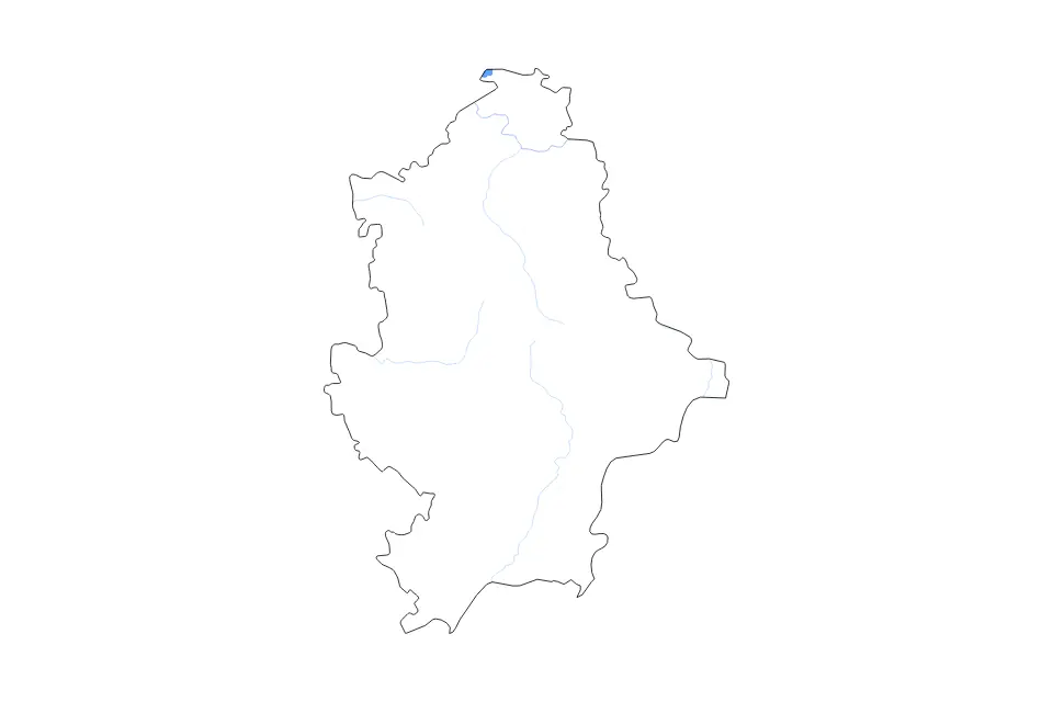 Outline map of Donetsk, Ukraine with subdivision borders and major lakes and rivers.