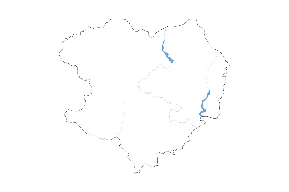 Outline map of Kharkiv, Ukraine with subdivision borders and major lakes and rivers.