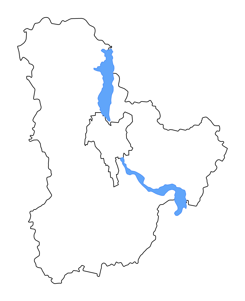 Outline map of Kyiv Region, Ukraine with lakes and rivers.