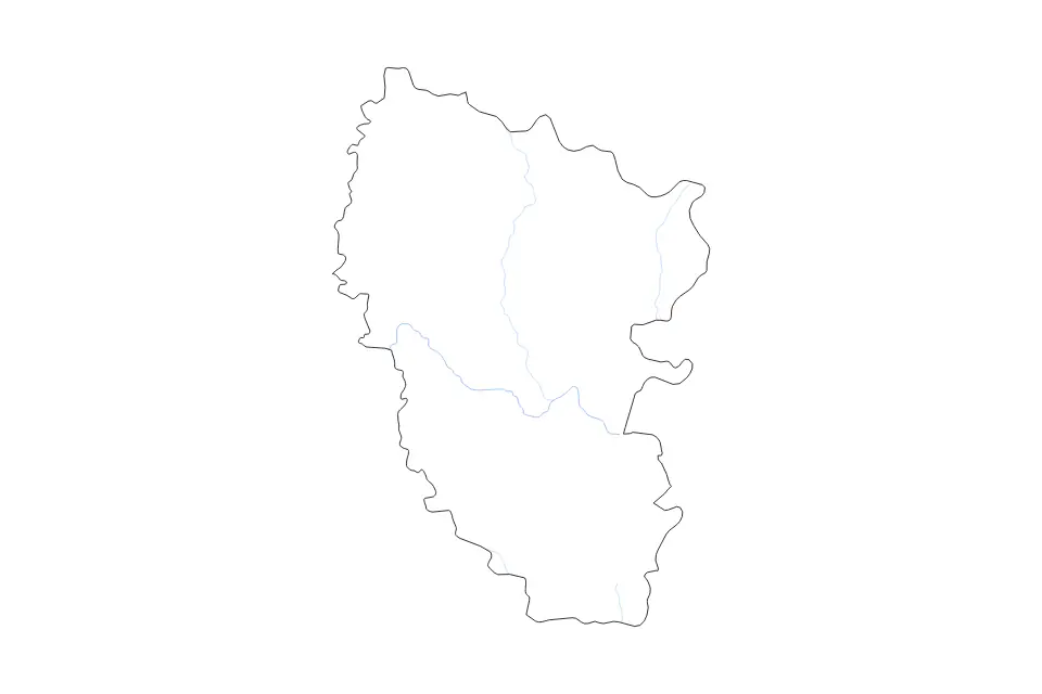 Outline map of Luhansk, Ukraine with subdivision borders and rivers.