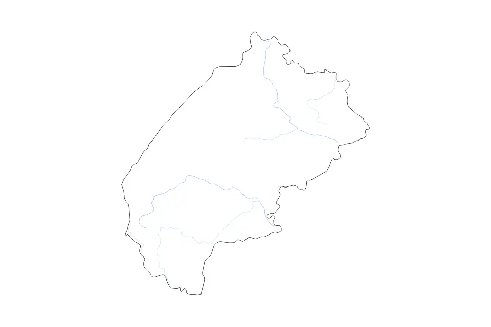 Outline map of Lviv, Ukraine with subdivision borders and rivers.