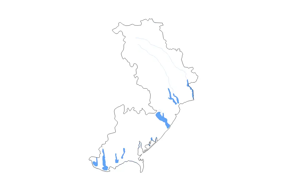 Outline map of Odessa, Ukraine with subdivision borders and major lakes and rivers.