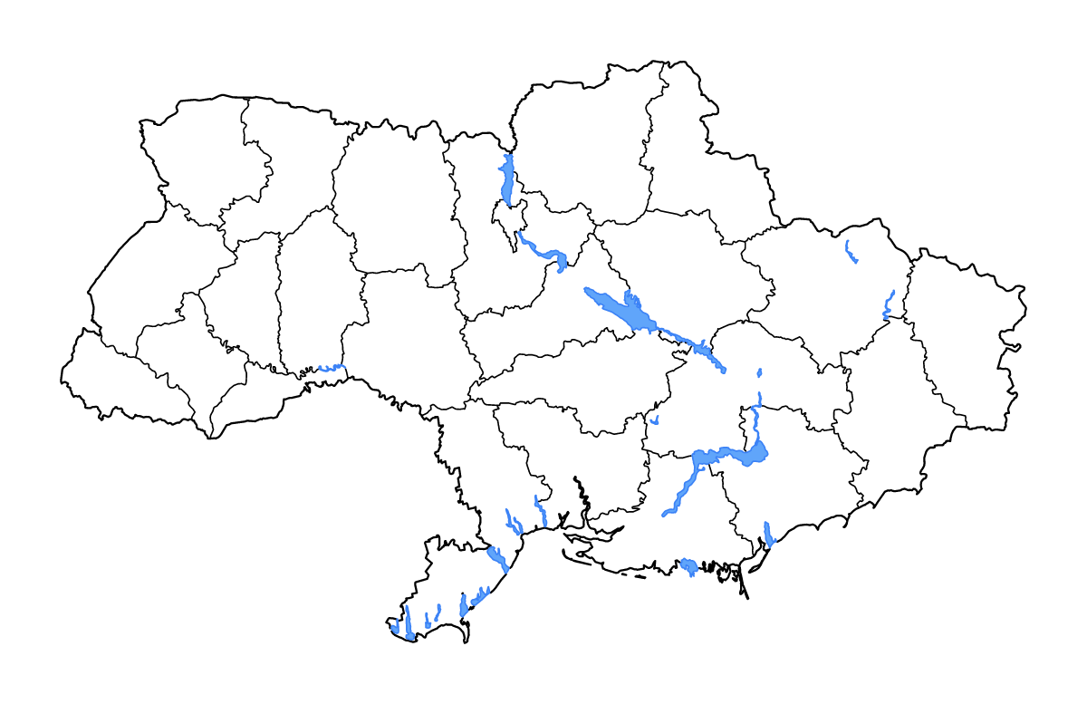 Mapa de contorno de Ukraine con límites administrativos internos, lagos y ríos.