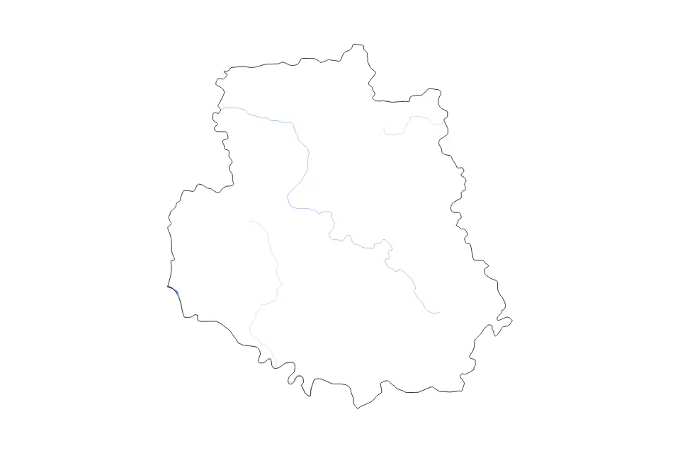 Outline map of Vinnytsia, Ukraine with subdivision borders and major lakes and rivers.