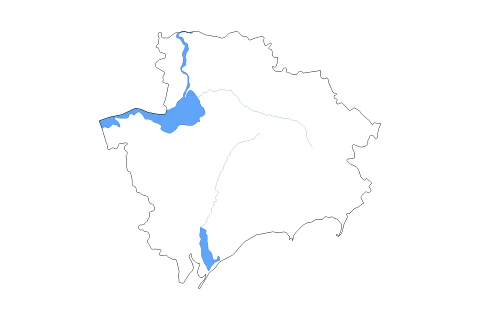 Outline map of Zaporizhzhia, Ukraine with subdivision borders and major lakes and rivers.