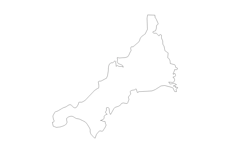 Mapa de Cornwall, United Kingdom de tipo contorno para Europa, con contorno con límites limpios.