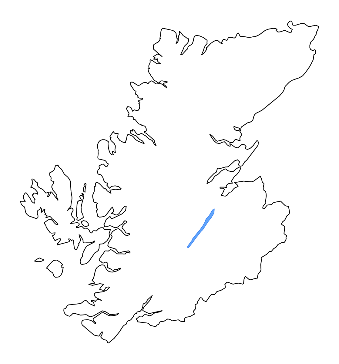Mapa de contorno de Highland, United Kingdom con lagos y ríos.