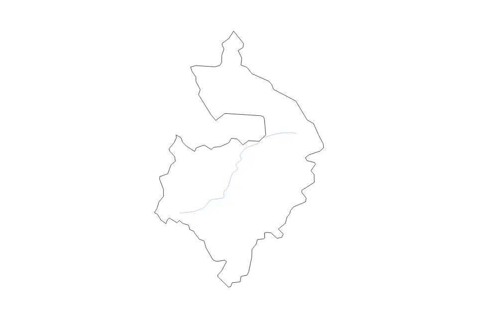 Outline map of Warwickshire Administrative County, United Kingdom with subdivision borders and rivers.