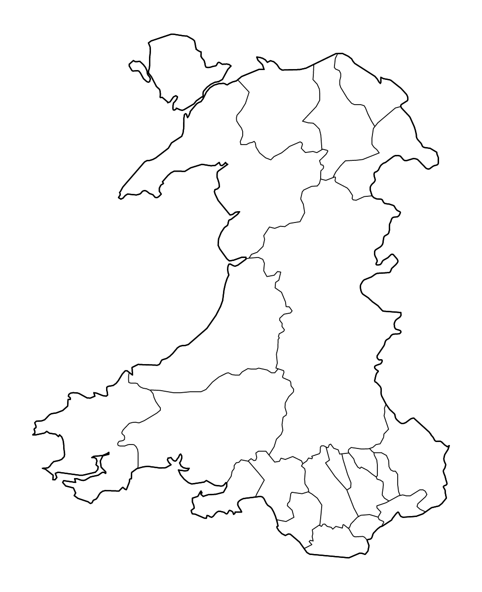 Carte de contour de Wales avec limites administratives internes et rivières.