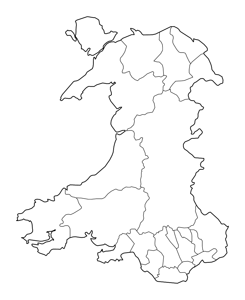 Mapa de contorno de Wales con límites administrativos internos y ríos.