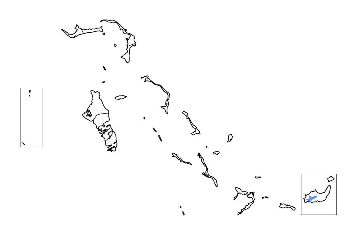Outline map of Bahamas with internal administrative boundaries and lakes.