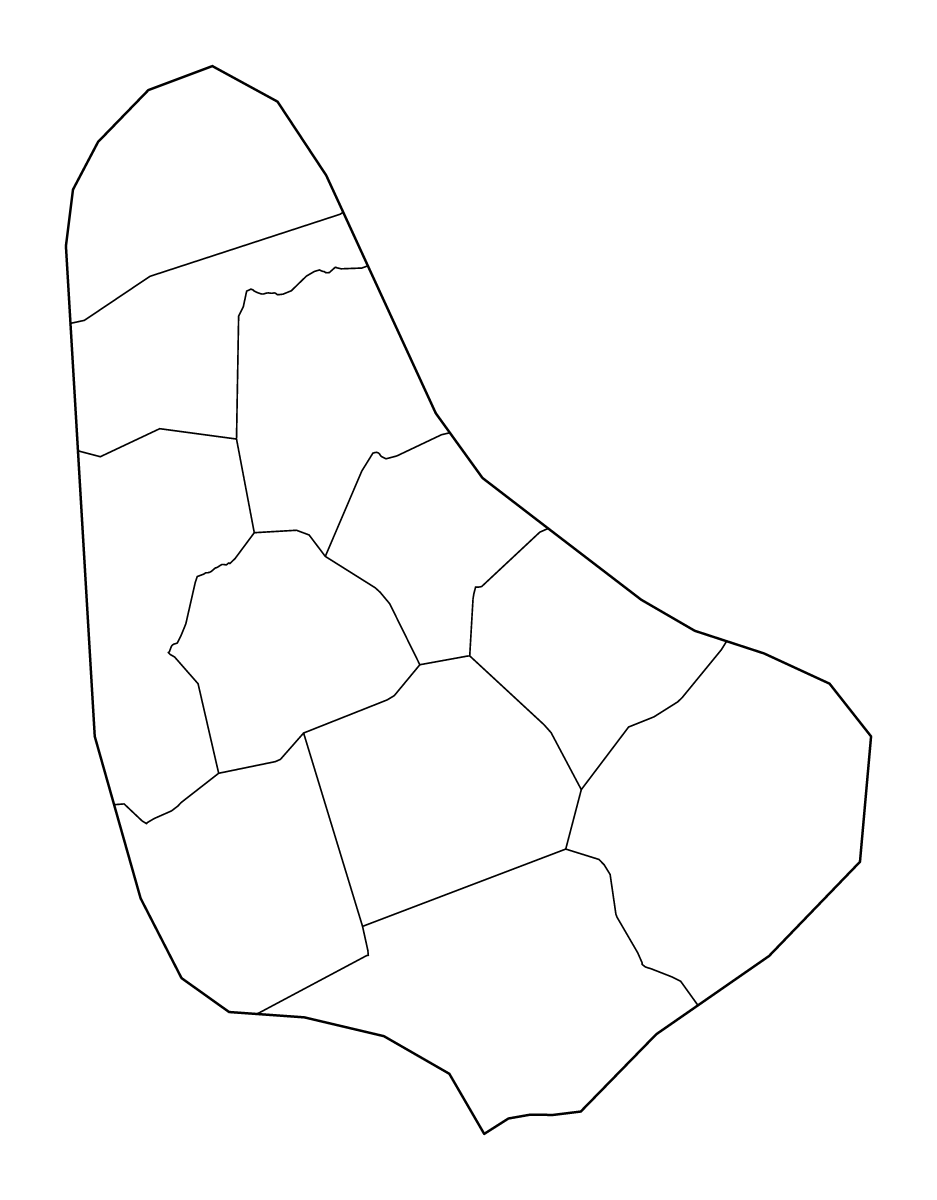 Mapa de contorno de Barbados con límites administrativos internos.
