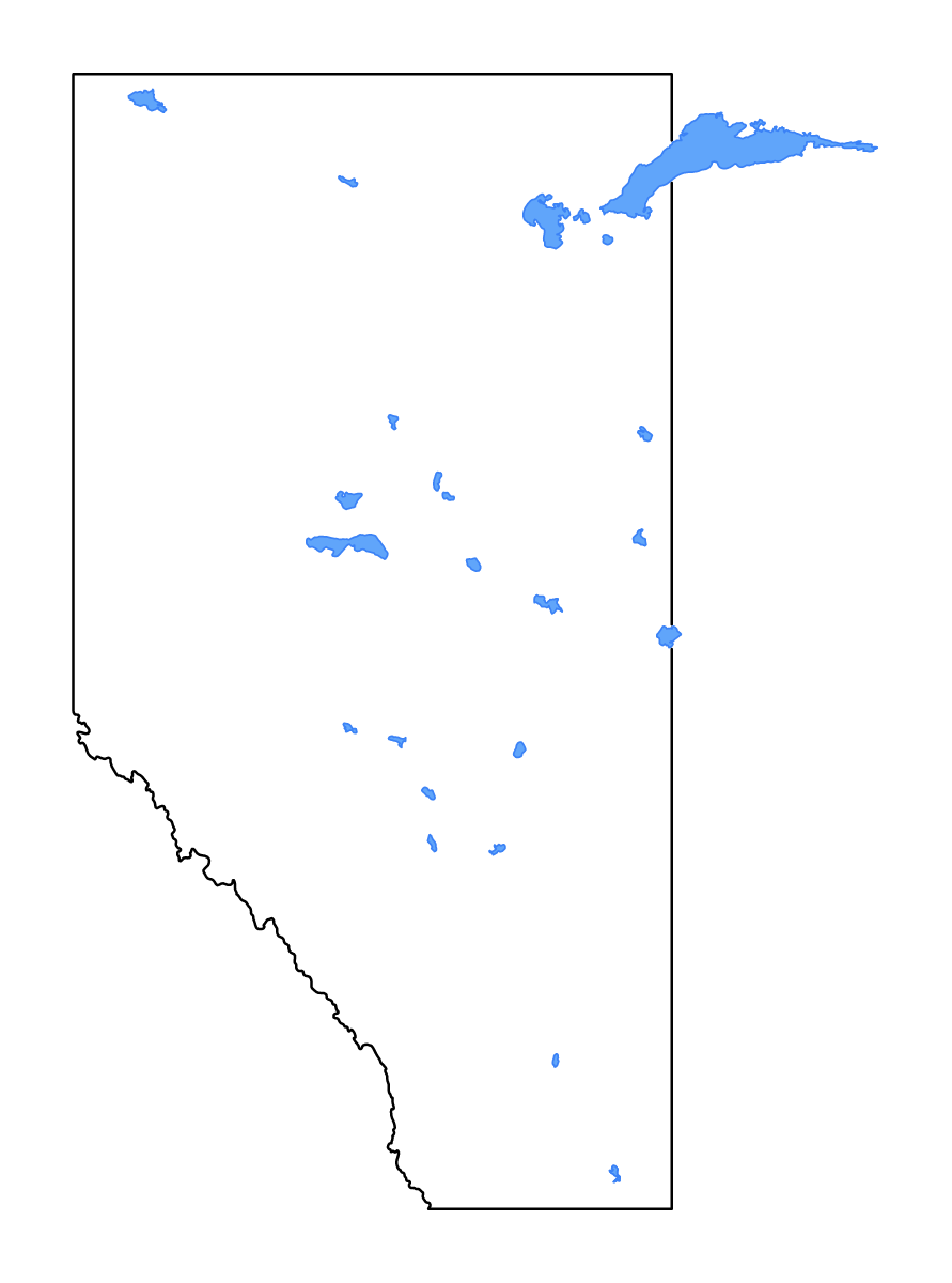 Mapa de contorno de Alberta, Canada con lagos y ríos.
