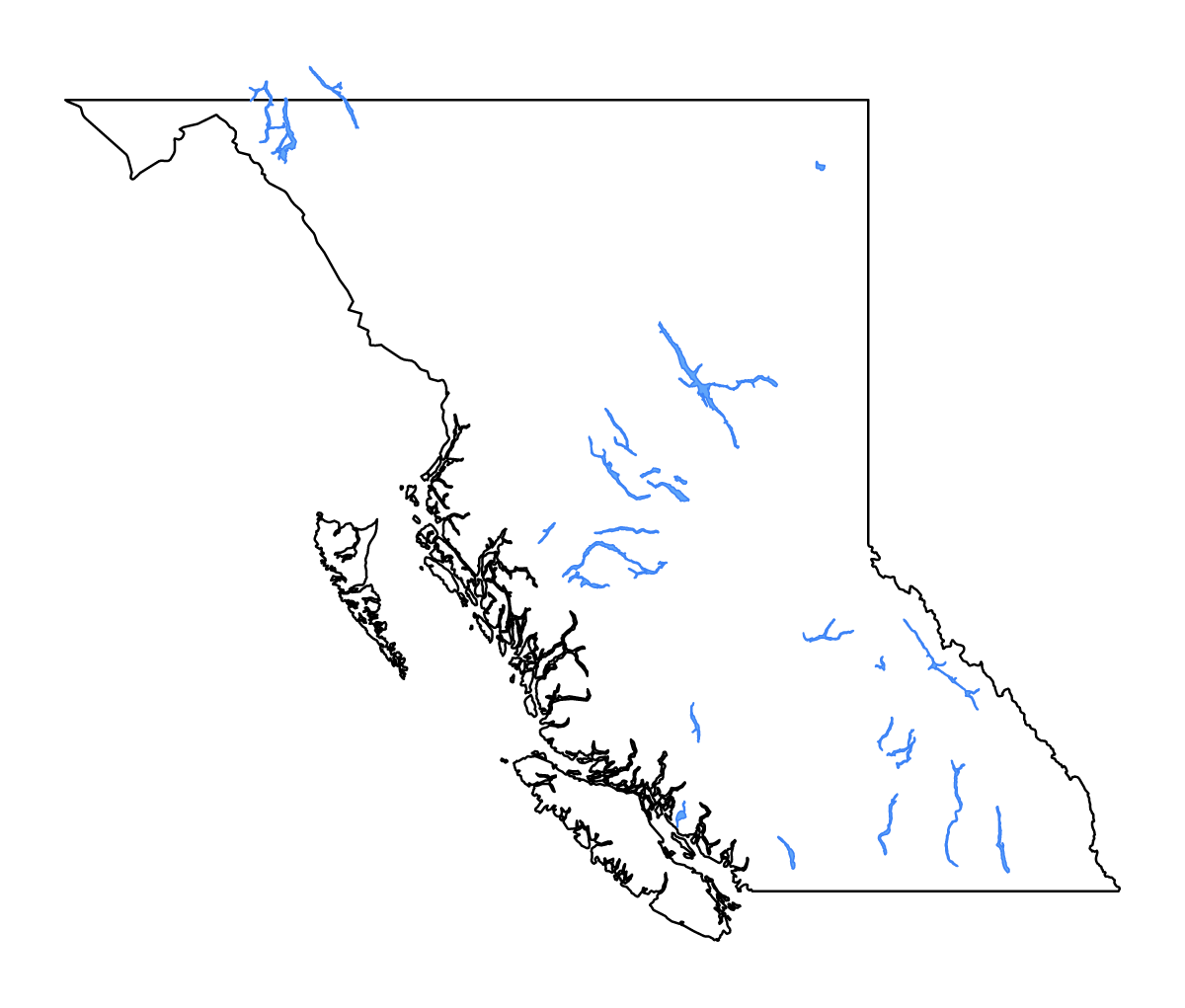 Mapa de contorno de British Columbia, Canada con lagos y ríos.
