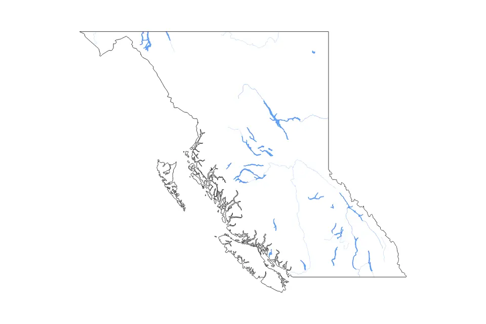 Outline map of British Columbia, Canada with subdivision borders and major lakes and rivers.