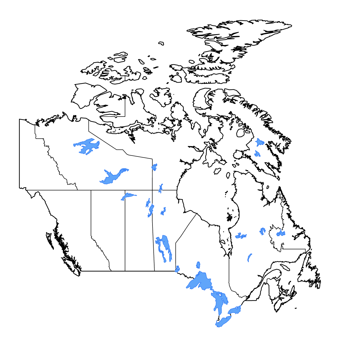 Mapa de contorno de Canada con límites administrativos internos, lagos y ríos.
