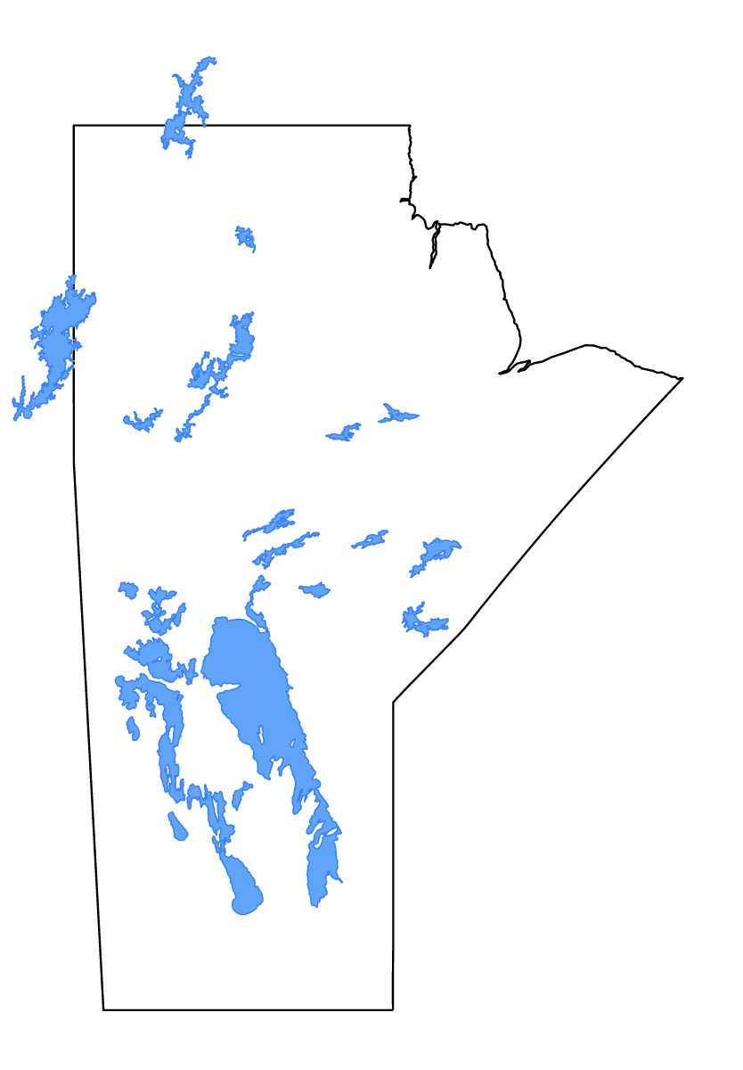 Carte de contour de Manitoba, Canada avec lacs et rivières.