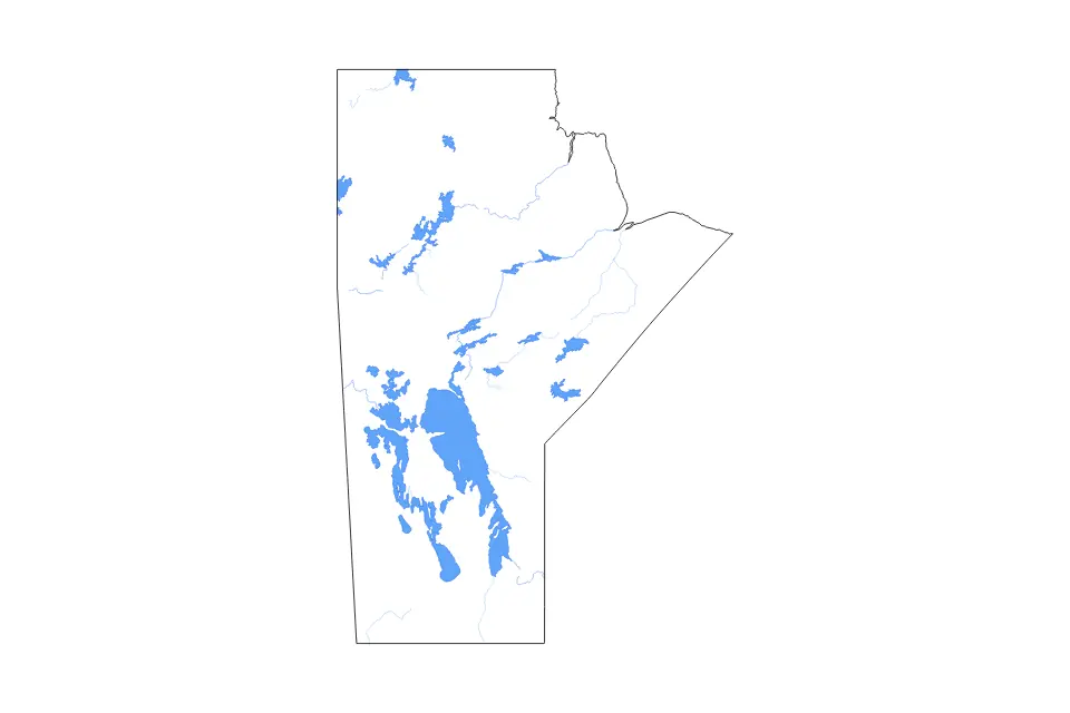 Outline map of Manitoba, Canada with subdivision borders and major lakes and rivers.