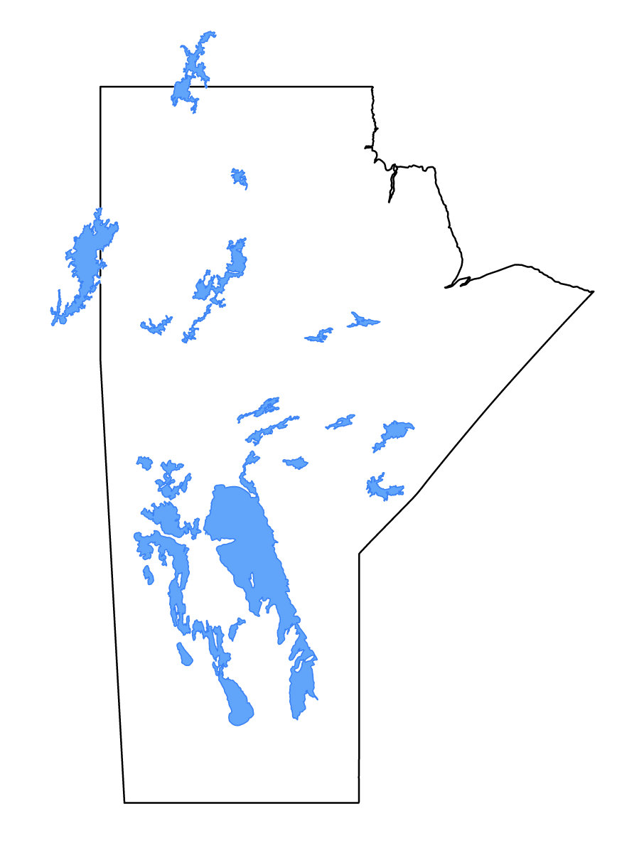 Mapa de contorno de Manitoba, Canada con lagos y ríos.