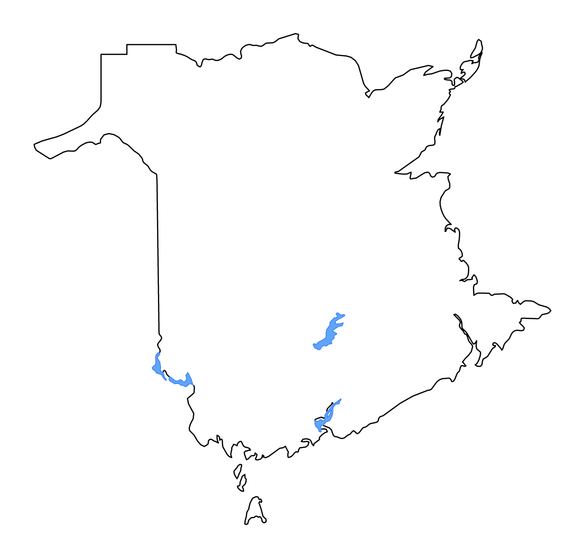 Carte de contour de New Brunswick, Canada avec lacs et rivières.