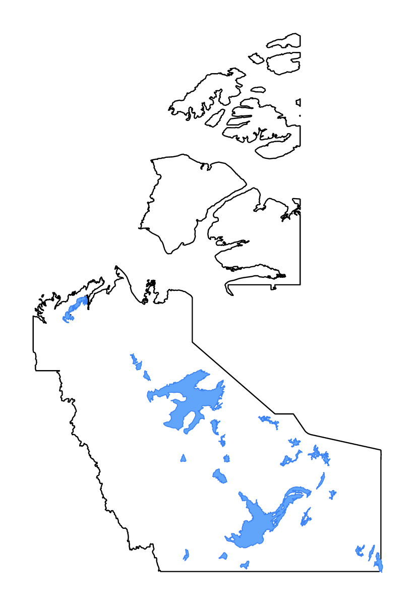 Mapa de contorno de Northwest Territories, Canada con lagos y ríos.