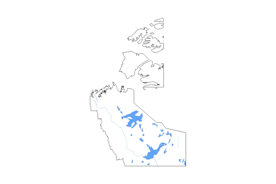 Outline map of Northwest Territories, Canada with subdivision borders and major lakes and rivers.