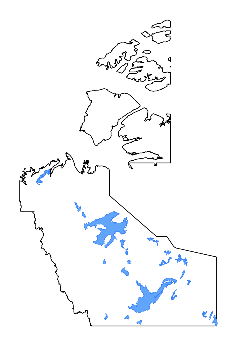 Mapa de contorno de Northwest Territories, Canada con lagos y ríos.