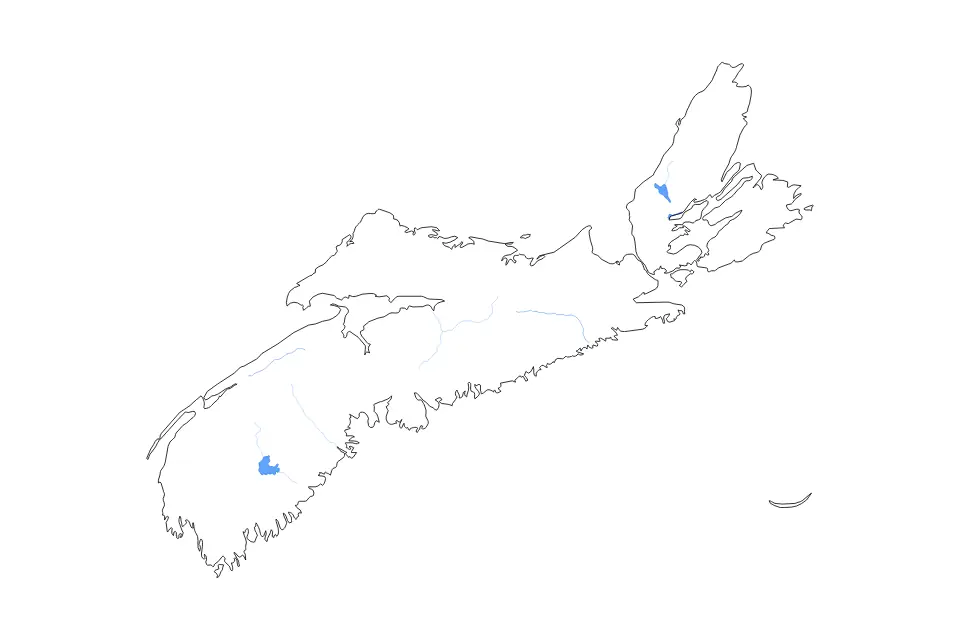 Outline map of Nova Scotia, Canada with subdivision borders and major lakes and rivers.