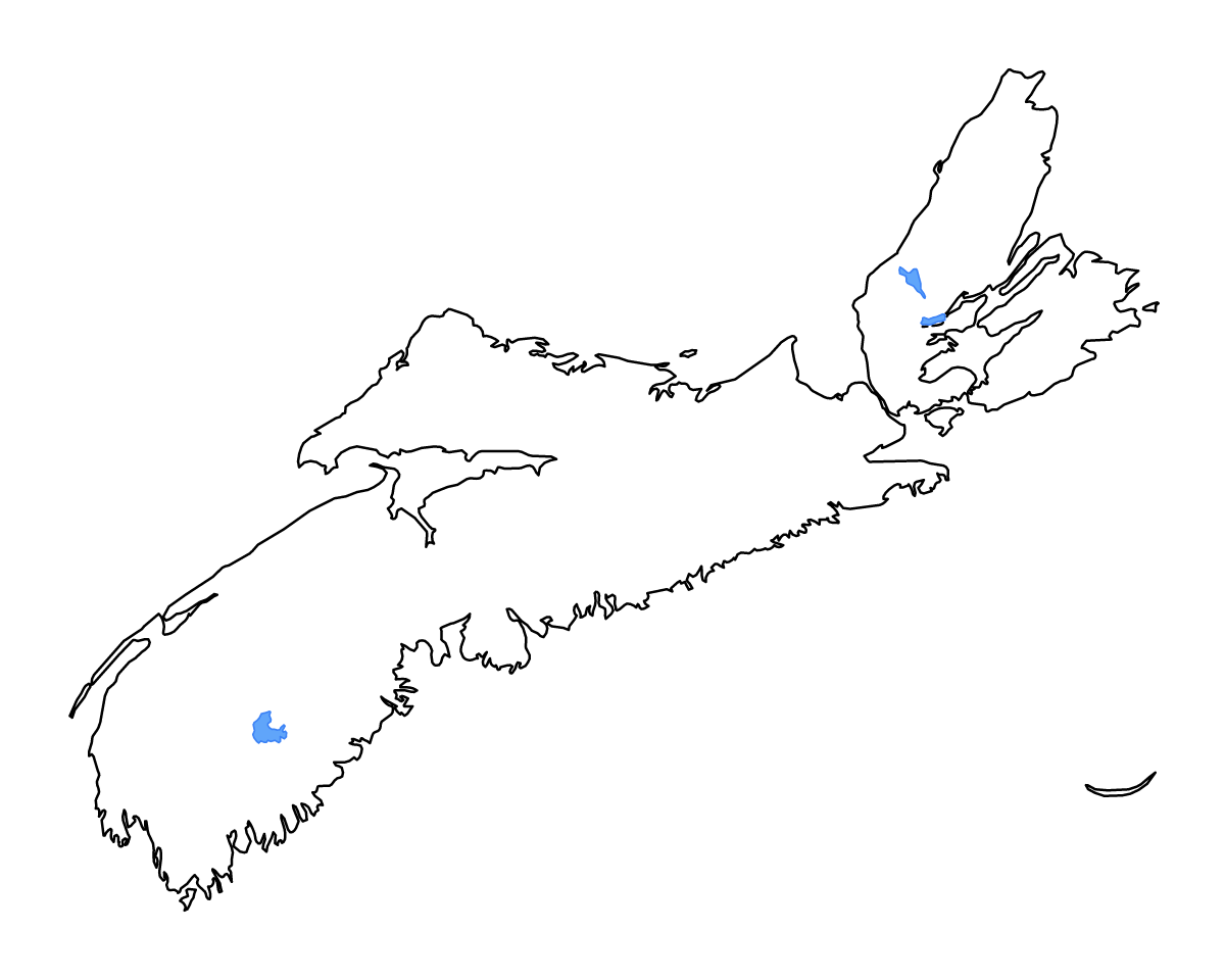 Mapa de contorno de Nova Scotia, Canada con lagos y ríos.
